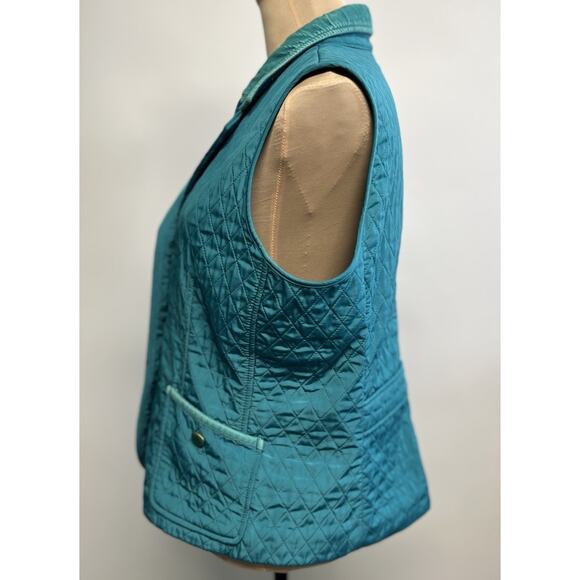 TALBOTS PM Equestrian Quilted Vest Teal Corduroy Collar Medium Fleece Lined Prep - Picture 4 of 13